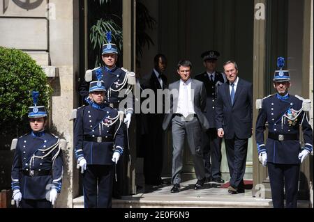 French newly appointed Interior Minister Manuel Valls, French outgoing Interior Minister Claude Gueant and Philippe D. (Chef du Protocole du Ministere de l'Interieur) are pictured during official handover ceremony at Interior ministry Hotel Beauvau in Paris, on May 17, 2012. Photo by Mousse/ABACAPRESS.COM Stock Photo