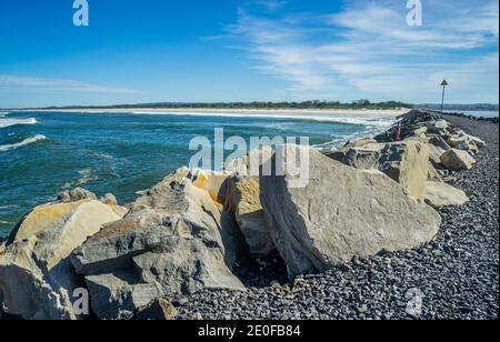 view of Ballina South Beach from the North Wall breakwater at the mouth of the Richmond River, Ballina, Northern Rivers Region, North Coast of New Sou Stock Photo