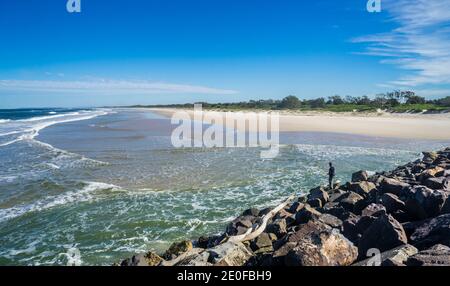 view of Ballina South Beach from the South Wall breakwater at the mouth of the Richmond River, Ballina, Northern Rivers Region, North Coast of New Sou Stock Photo