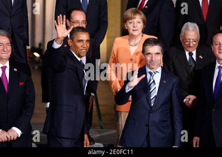 French President Francois Hollande, German Chancellor Angela Merkel, US President Barack Obama and NATO Secretary-General Anders Rasmussen pose for the group photo during the 2012 NATO Summit in Chicago, Illinois, IL, USA, on May 20, 2012. Photo by Ludovic/Pool/ABACAPRESS.COM Stock Photo