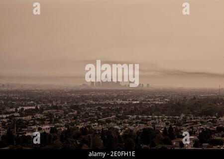 In early September 2020, Los Angeles was blanketed each day with smoke and ash from nearby wildfires. Downtown LA from Baldwin Hills Scenic Overlook Stock Photo