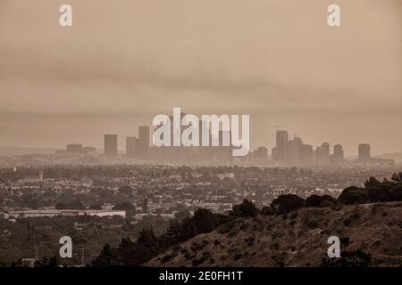 In early September 2020, Los Angeles was blanketed each day with smoke and ash from nearby wildfires. Downtown LA from Baldwin Hills Scenic Overlook Stock Photo