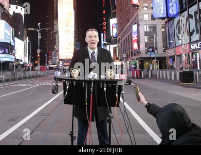 New York, United States. 31st Dec, 2020. NYPD Police Commissioner Dermot F. Shea speaks to the press in Times Square which is closed to the public for the New Year's Eve celebration due to the coronavirus pandemic in New York City on Thursday, December 31, 2020. Due to the ongoing COVID-19 pandemic, New Year's Eve 2021 in Times Square will not be open to the public this year. Photo by John Angelillo/UPI Credit: UPI/Alamy Live News Stock Photo