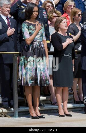First Lady Michelle Obama attends a wreath laying ceremony at the Tomb of the Unknown Soldier in honor of Memorial Day at Arlington National Cemetery in Virginia, USA, on May 28, 2012. Photo by Kristoffer Tripplaar/Pool/ABACAPRESS.COM Stock Photo