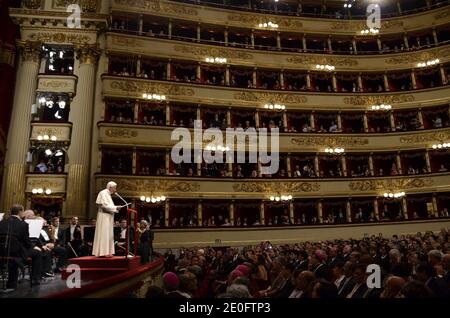Pope Benedict XVI attends a concert at the Scala opera house to hear Beethoven's Ninth Symphony conducted by Daniel Barenboim in Milan, Italy on June 1, 2012.Pope Benedict XVI attends the 7th World Meeting of Families. During this three-day trip in Milan he praised the family as 'the principal heritage of humankind'. It is the first time in 28 years that a pope has been to Milan, Italy's economic capital and Europe's biggest diocese with five million inhabitants. Photo by ABACAPRESS.COM Stock Photo