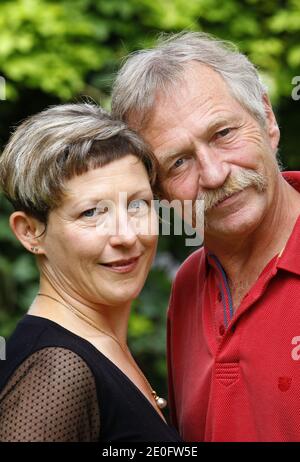 NO WEB NO APPS UNTIL JUNE 17, 2012. EXCLUSIVE - Green party 'Europe Ecologie' members, Marie Bove and father Jose Bove, pose ahead of a political rally for the parliamentary elections in Bordeaux, Southwestern France, June 2, 2012. Photo by Patrick Bernard/ABACAPRESS.COM Stock Photo