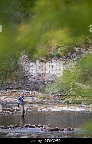Professional fisherman using rod for fishing in the middle of fast mountain river. Concept of active male person. Stock Photo