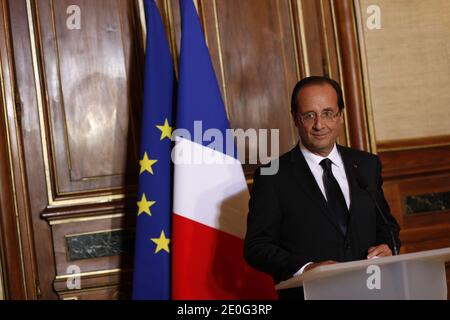 France's President Francois Hollande delivers a speech focused on the situation after the death of of four French soldiers in Afghanistan in Tulle, central France, on June 9, 2012. Photo by Denis/Pool/ABACAPRESS.COM