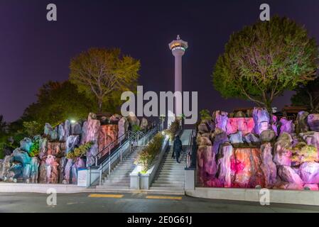 Illuminated escalator in the center of Busan, Republic of Korea Stock Photo