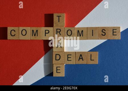 Compromise, Trade, Deal, words in crossword form on red, white and blue background Stock Photo