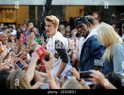 Justin Bieber performs on a rainy morning at The Today Show with