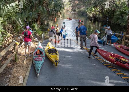 Silver Springs State Park Kayak, canoe, paddle board Launch to the Silver River. Ocal Florida tourist attraction. People on launch with watercraft rea Stock Photo