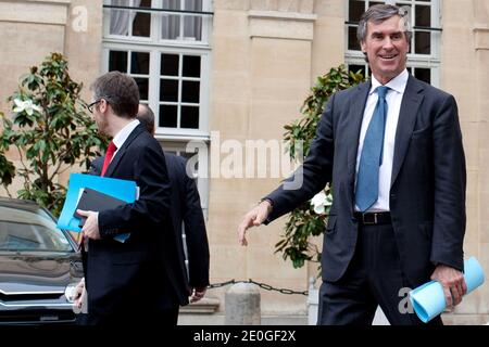 French Junior Minister for Budget Jerome Cahuzac leaves the Hotel Matignon after a governemental semirary to prepare the 2013 budget, in Paris, France on June 25, 2012. Photo by Stephane Lemouton/ABACAPRESS.COM. Stock Photo