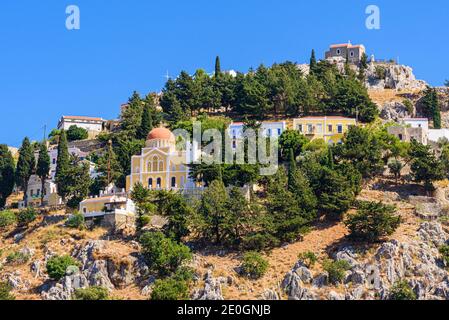 Hillside of the old Horio on the island of Symi, Dodecanese, Greece Stock Photo