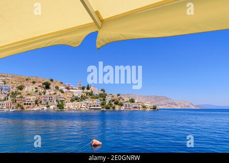 Framed views of the pretty area of Harani on Symi Island, Greece Stock Photo