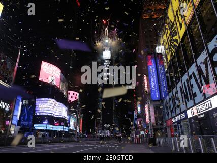 New York, United States. 31st Dec, 2020. Confetti fills the air and fireworks explode over One Times Square which is empty and closed to the public due to the coronavirus pandemic at the 10 o'clock hour of the New Year's Eve celebration in New York City on Thursday, December 31, 2020. Due to the ongoing COVID-19 pandemic, New Year's Eve 2021 in Times Square will not be open to the public this year. Photo by John Angelillo/UPI Credit: UPI/Alamy Live News Stock Photo