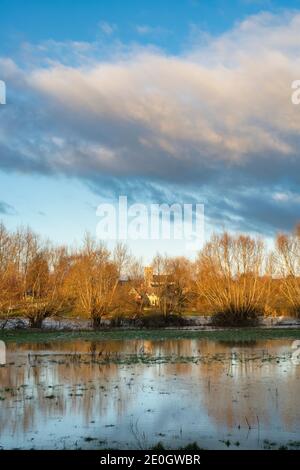 Flooded fields along the river windrush around the cotswold village of Swinbrook on christmas eve 2020. Swinbrook, Cotswolds, Oxfordshire, England Stock Photo