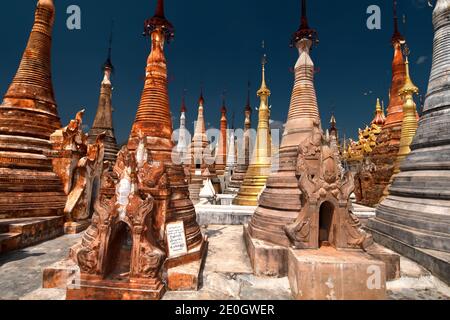 Shwe Indein Pagoda is a group of Buddhist pagodas in the village of Indein, near Ywama and Inle Lake, in Shan State in Myanmar (formerly Burma) Stock Photo