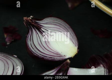 sweet red onions on background Stock Photo