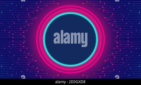 Cyberpunk Circuit Board Background Design Template. Abstract Technology Vector Illustration with Neon Ring in the middle. Sci-Fi PCB Trace Data Stock Vector