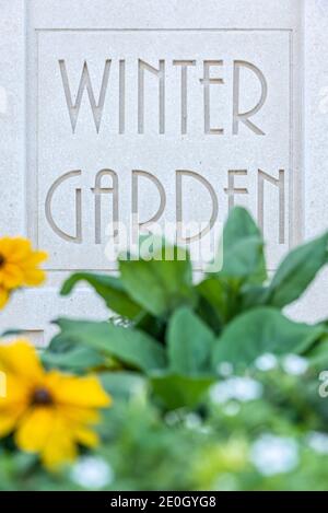 Winter Garden engraved stone signage at the art deco styled City Hall building in Downtown Winter Garden, Florida. (USA) Stock Photo