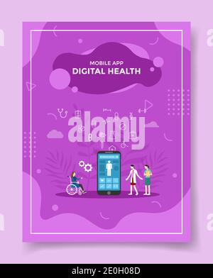 digital health people doctor nurse around patient use wheel chair smartphone for template of banners, flyer, books cover, magazines with liquid shape Stock Photo