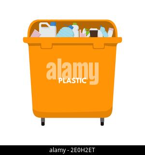 Waste sorting set. Vector illustration design. Orange garbage bin for plastic. Bottle, drink, bag, cosmetics, spray shampoo canister Stock Vector