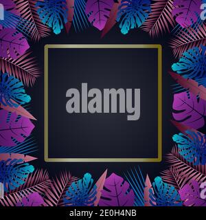 Exotic tropical vector around a frame with hawaiian plants and flowers. Dark indigo tropical pattern with monstera and sabal palm leaves Stock Vector