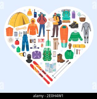 Winter trekking essentials, flat vector illustration. Heart shape composition of winter hiking gear and equipment. Stock Vector