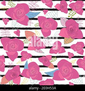 Pale Violet Red flowers on black striped background seamless repeat pattern Stock Vector