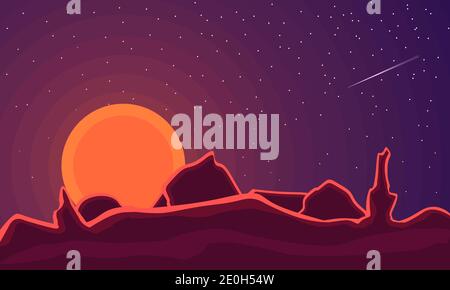 Abstract contemporary aesthetic landscape with sun, mountains. Mars planet tones Stock Vector