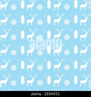 Blue winter reindeer snowflake and trees vector seamless pattern Stock Vector
