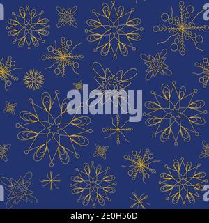 Yellow snowflakes on dark midnight blue background seamless repeat pattern Stock Vector