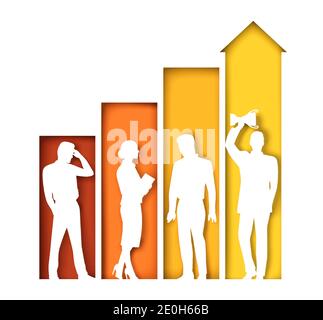 Increasing bar graph with business people silhouettes, vector illustration in paper art craft style. Stock Vector