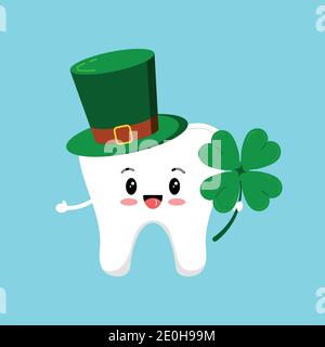 St Patrick day tooth in leprechaun hat and clover in hand. Stock Vector