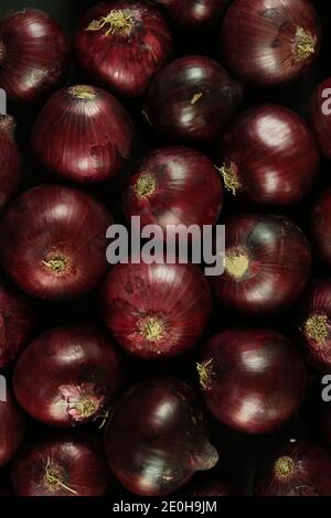 sweet red onions on background Stock Photo