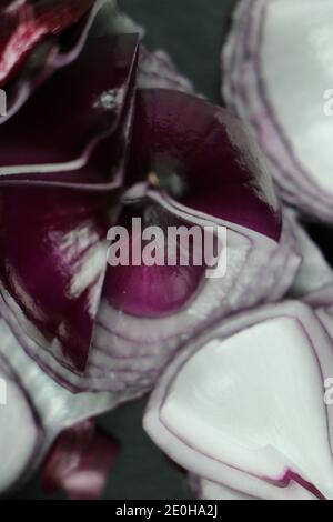sweet red onions on background Stock Photo