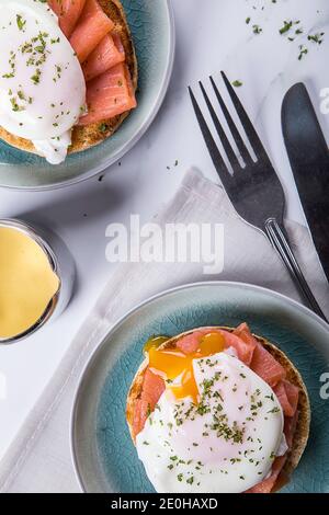 Eggs Royale smoked salmon hollandaise breakfast Stock Photo