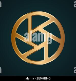 Camera shutter vector icon. Gradient gold metal with dark background Stock Vector