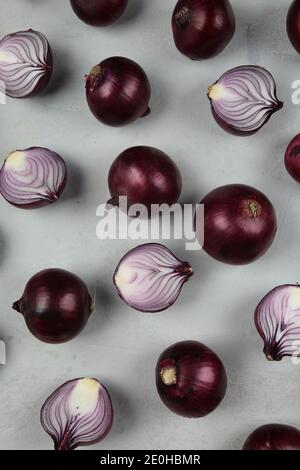 sweet red onions on background Stock Photo