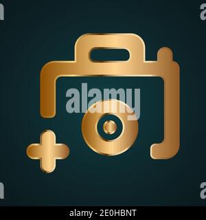 Camera icon with add sign icon vector logo. Gradient gold metal with dark background Stock Vector