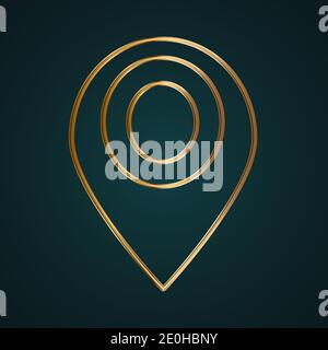 Linear location pin pointer icon vector logo. Gold metal with dark background Stock Vector