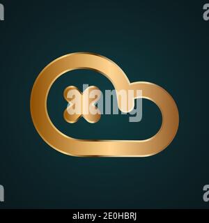 Cloud drive close icon vector. Gradient gold metal with dark background Stock Vector