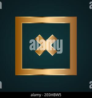 Rectangle close sign icon vector. Gradient gold metal with dark background Stock Vector