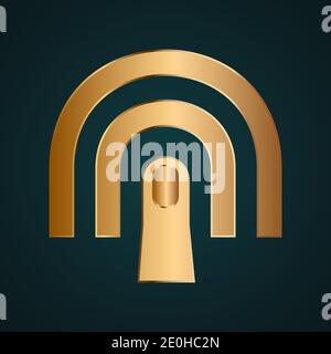 Fingerprint press sign icon vector logo. Gold metal with dark background Stock Vector