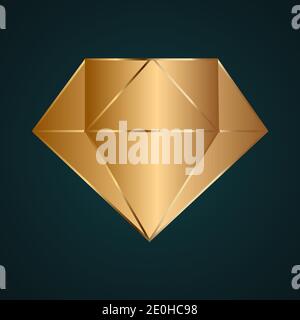 3D diamond icon vector logo. Gradient gold metal with dark background Stock Vector