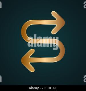Two way & exchange Arrow vector icon. Gradient gold metal with dark background Stock Vector
