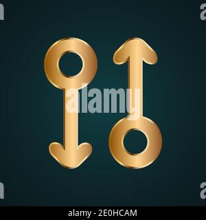 Double round arrow vector icon. Gradient gold metal with dark background Stock Vector