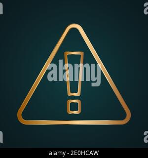 Warning exclamation sign vector icon. Gradient gold metal with dark background Stock Vector