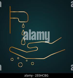 Hand wash with water vector icon. Gold metal with dark background Stock Vector